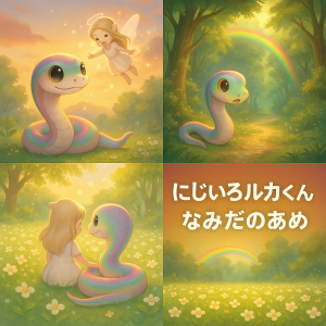 にじいろのへび「ルカくん」と妖精のフィリアが登場する絵本『にじいろルカくんとなみだのあめ』の4コマ風イラストコラージュ。森の中の虹、感情を分かち合うシーン、そして絵本タイトルが描かれている。